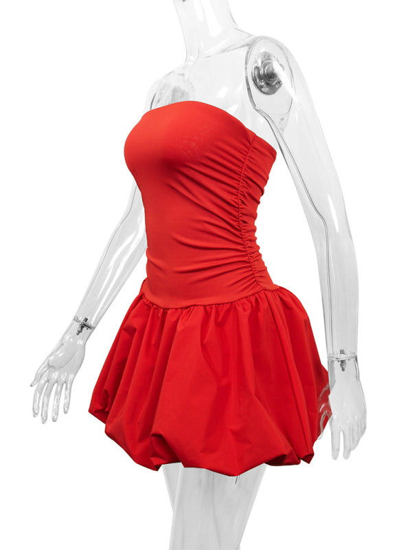 Off-Shoulder Sleeveless Tube Mini Dress – Red Knit Romantic Fit