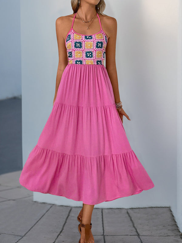 Backless Sleeveless Halter Neck Vacation Dress in Rose Print – Rayon, Lightweight