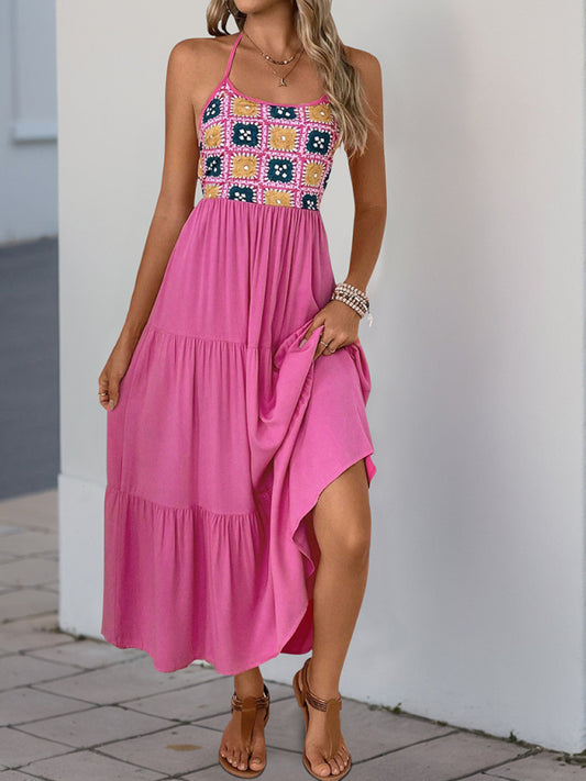 Backless Sleeveless Halter Neck Vacation Dress in Rose Print – Rayon, Lightweight