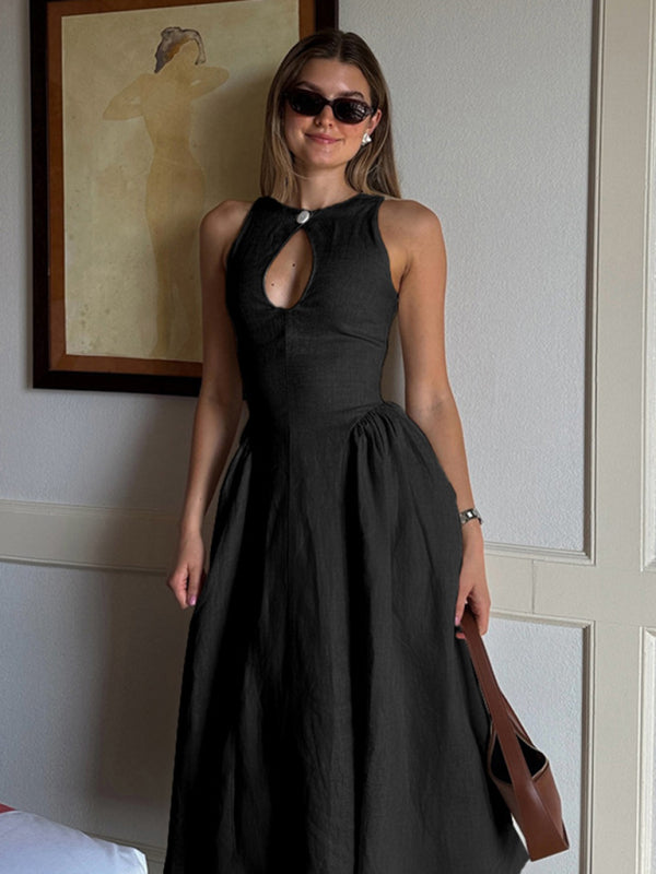 Vestido midi chic con corte en A y diseño elegante con recortes en caqui y negro