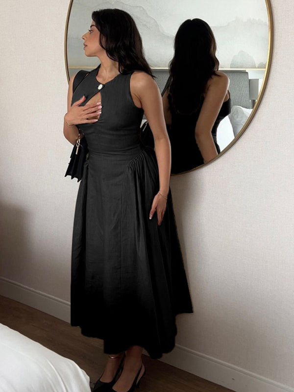 Vestido midi chic con corte en A y diseño elegante con recortes en caqui y negro