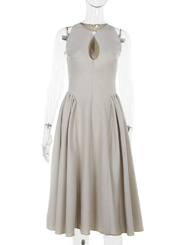 Vestido midi chic con corte en A y diseño elegante con recortes en caqui y negro