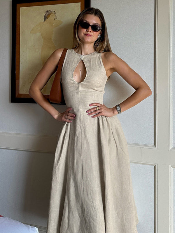 Vestido midi chic con corte en A y diseño elegante con recortes en caqui y negro