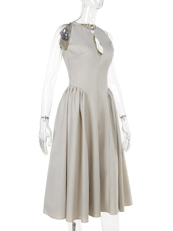 Vestido midi chic con corte en A y diseño elegante con recortes en caqui y negro