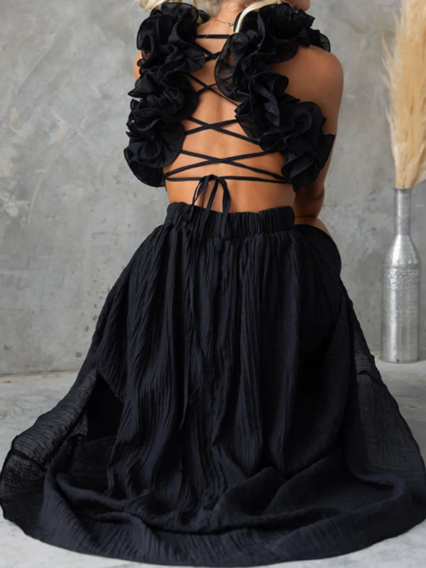 Sleeveless Solid Color Pleated Maxi Dress with Tie Waist – Elegant Resort Style