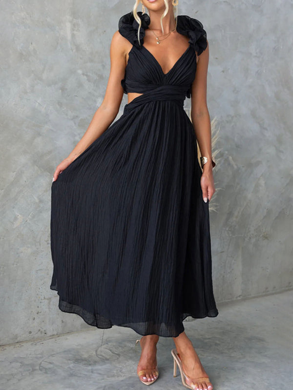 Sleeveless Solid Color Pleated Maxi Dress with Tie Waist – Elegant Resort Style