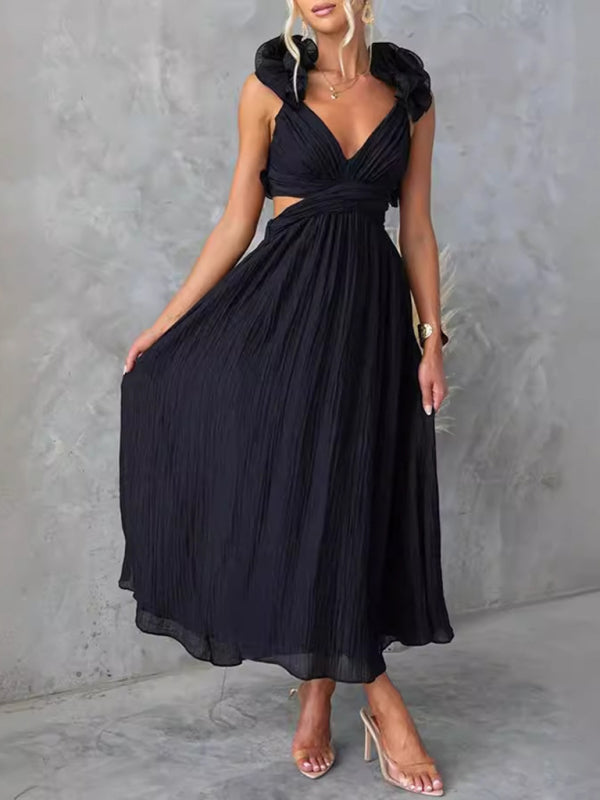 Sleeveless Solid Color Pleated Maxi Dress with Tie Waist – Elegant Resort Style