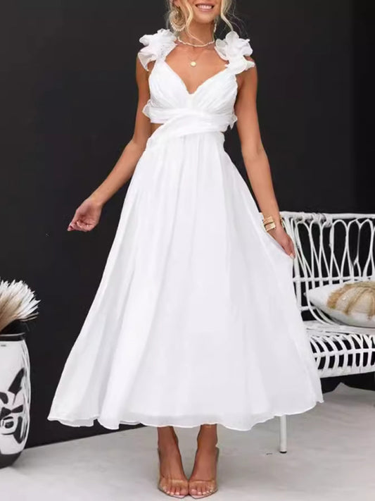 Sleeveless Solid Color Pleated Maxi Dress with Tie Waist – Elegant Resort Style