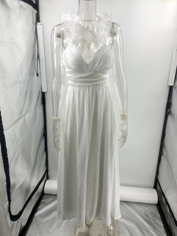 Sleeveless Solid Color Pleated Maxi Dress with Tie Waist – Elegant Resort Style