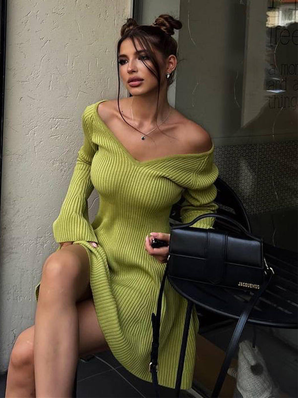 Women's V-Neck Long Sleeve Knitted Midi Dress – Soft Ribbed Fit for All Seasons