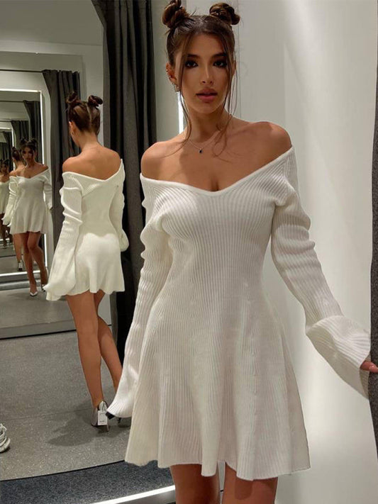 Women's V-Neck Long Sleeve Knitted Midi Dress – Soft Ribbed Fit for All Seasons