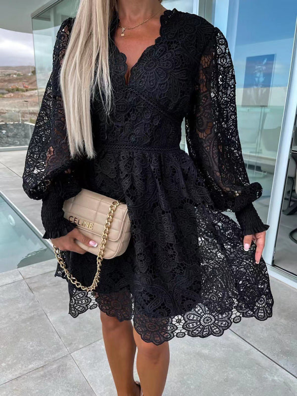 Lace Hollow Midi Dress – Elegant Four-Season Style in Rose, White & Black