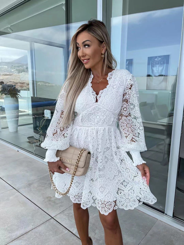 Lace Hollow Midi Dress – Elegant Four-Season Style in Rose, White & Black