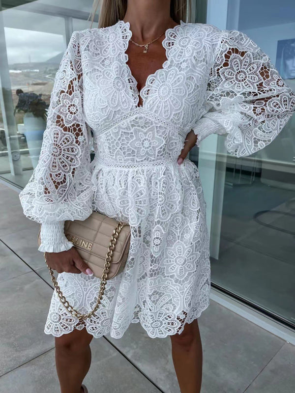 Lace Hollow Midi Dress – Elegant Four-Season Style in Rose, White & Black