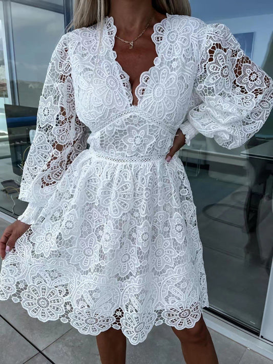 Lace Hollow Midi Dress – Elegant Four-Season Style in Rose, White & Black