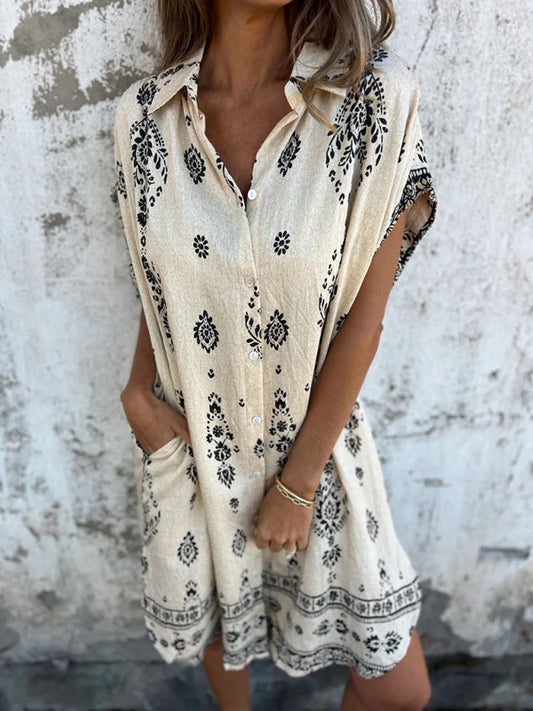 Cotton-Linen Shirt Dress – Relaxed Fit Midi with Lapel Collar & Pockets