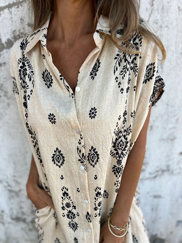 Cotton-Linen Shirt Dress – Relaxed Fit Midi with Lapel Collar & Pockets
