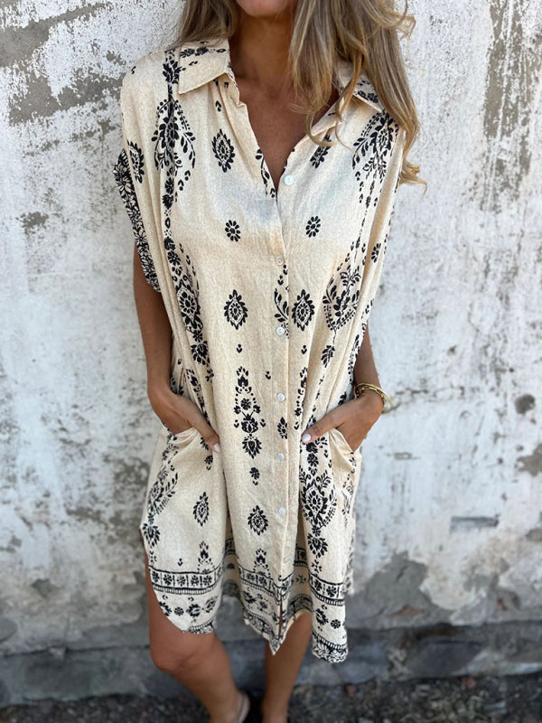 Cotton-Linen Shirt Dress – Relaxed Fit Midi with Lapel Collar & Pockets