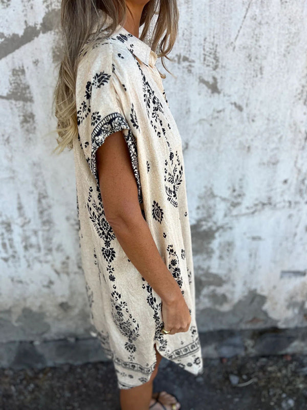 Cotton-Linen Shirt Dress – Relaxed Fit Midi with Lapel Collar & Pockets