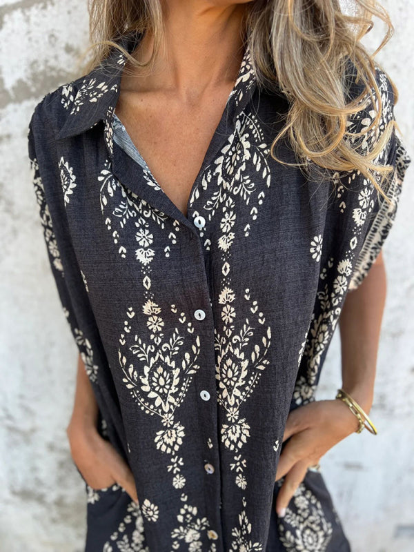 Cotton-Linen Shirt Dress – Relaxed Fit Midi with Lapel Collar & Pockets