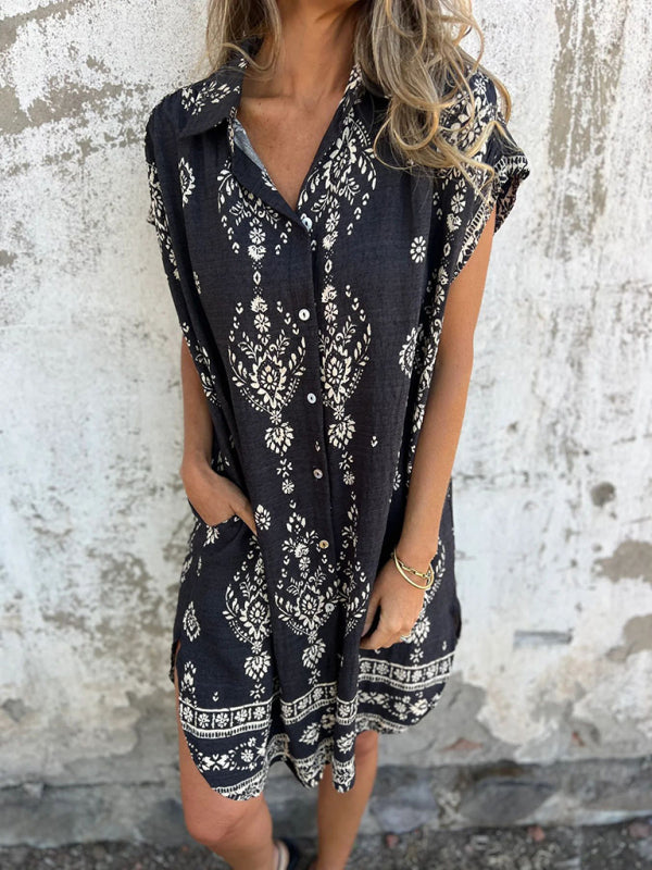 Cotton-Linen Shirt Dress – Relaxed Fit Midi with Lapel Collar & Pockets
