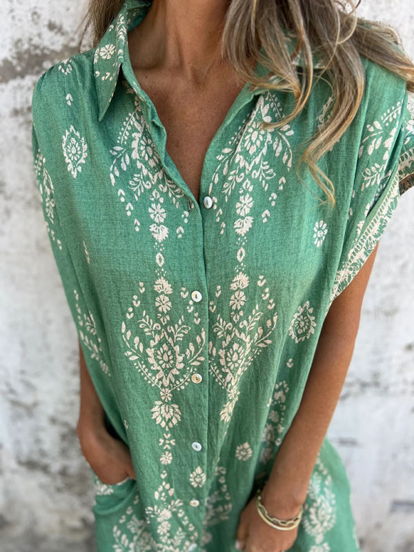 Cotton-Linen Shirt Dress – Relaxed Fit Midi with Lapel Collar & Pockets