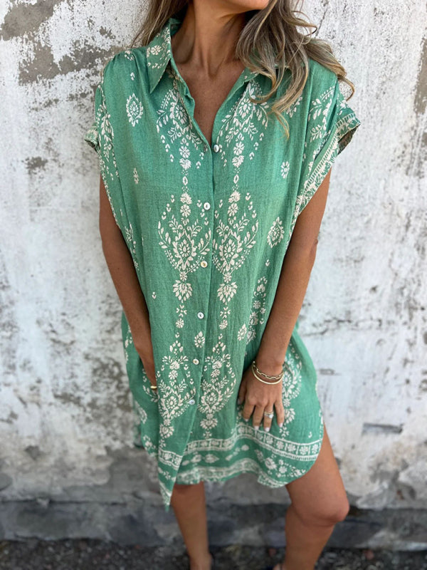 Cotton-Linen Shirt Dress – Relaxed Fit Midi with Lapel Collar & Pockets