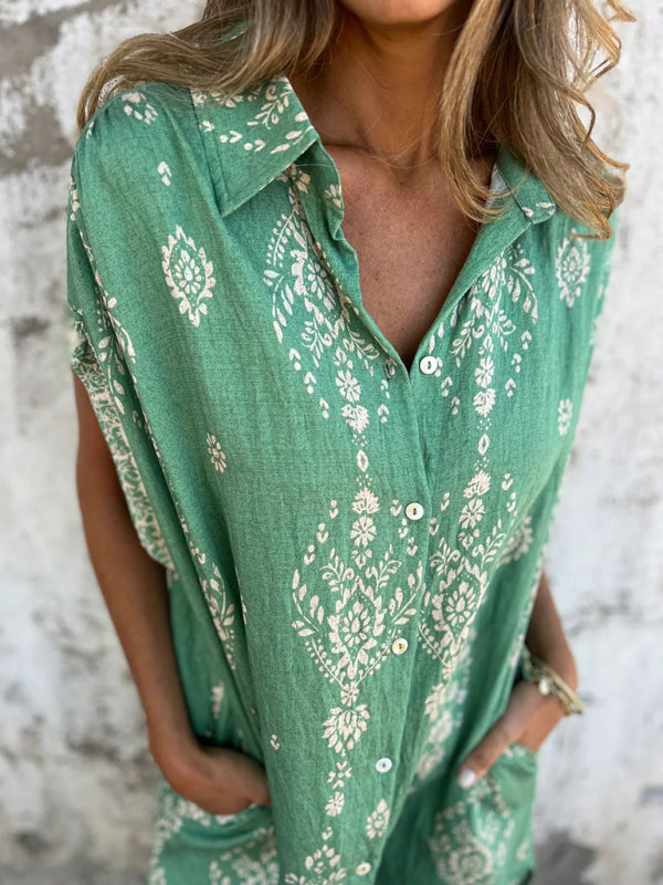 Cotton-Linen Shirt Dress – Relaxed Fit Midi with Lapel Collar & Pockets