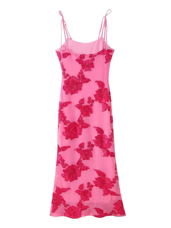Embroidered Suspender Holiday Maxi Dress – Rose Knit, Romantic Fit