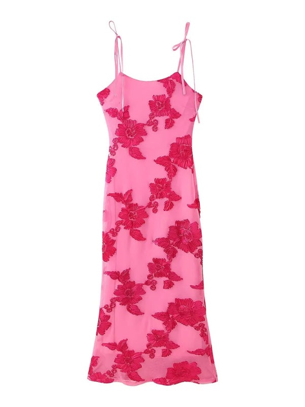 Embroidered Suspender Holiday Maxi Dress – Rose Knit, Romantic Fit