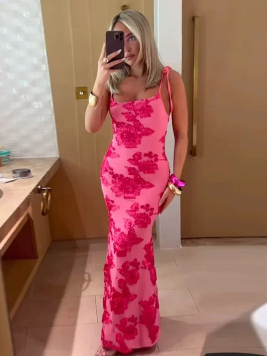 Embroidered Suspender Holiday Maxi Dress – Rose Knit, Romantic Fit