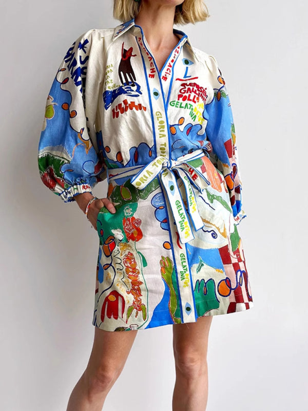 Linen Shirt-Style Cardigan Dress – Self-Patterned, Lace-Up, Lightweight