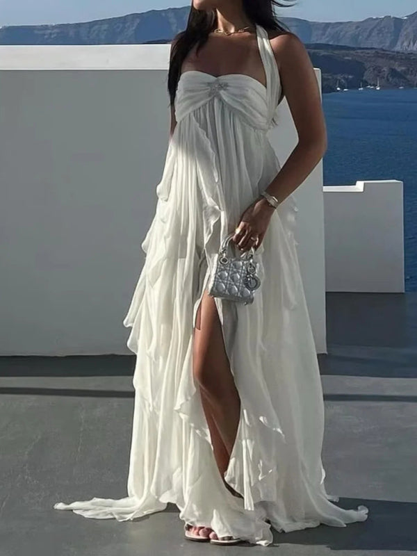 French Lace Halter Holiday Dress – Strapless Maxi for Beach & Resort Style