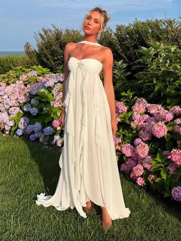 French Lace Halter Holiday Dress – Strapless Maxi for Beach & Resort Style