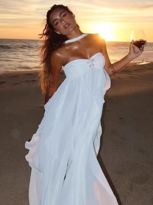French Lace Halter Holiday Dress – Strapless Maxi for Beach & Resort Style