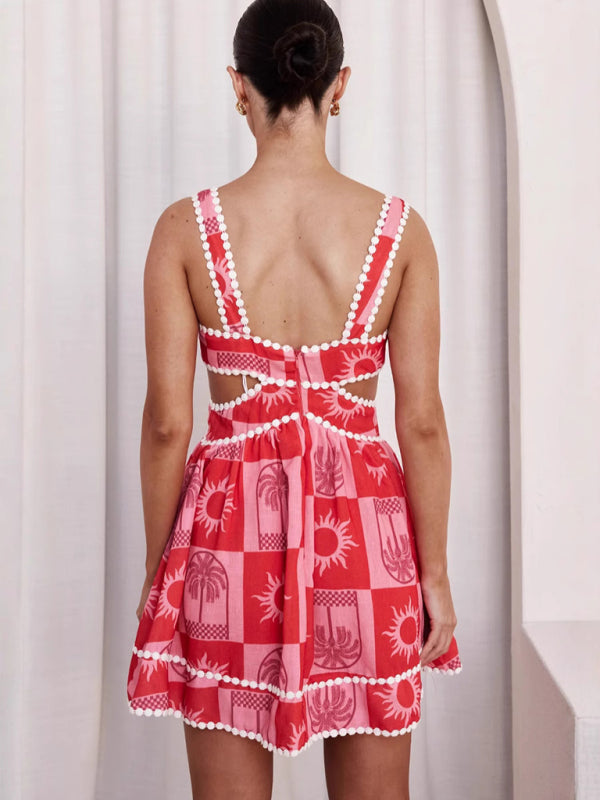Romantic Lace Suspender Mini Dress – Waist Cut-Out & Print Detail