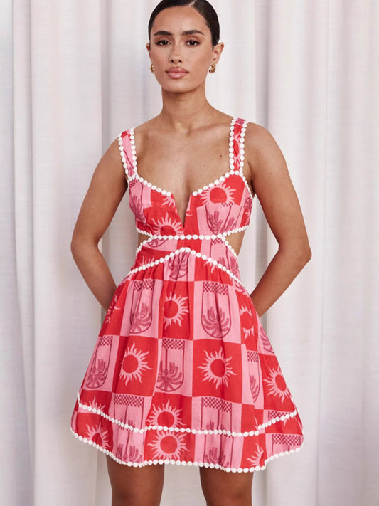 Romantic Lace Suspender Mini Dress – Waist Cut-Out & Print Detail