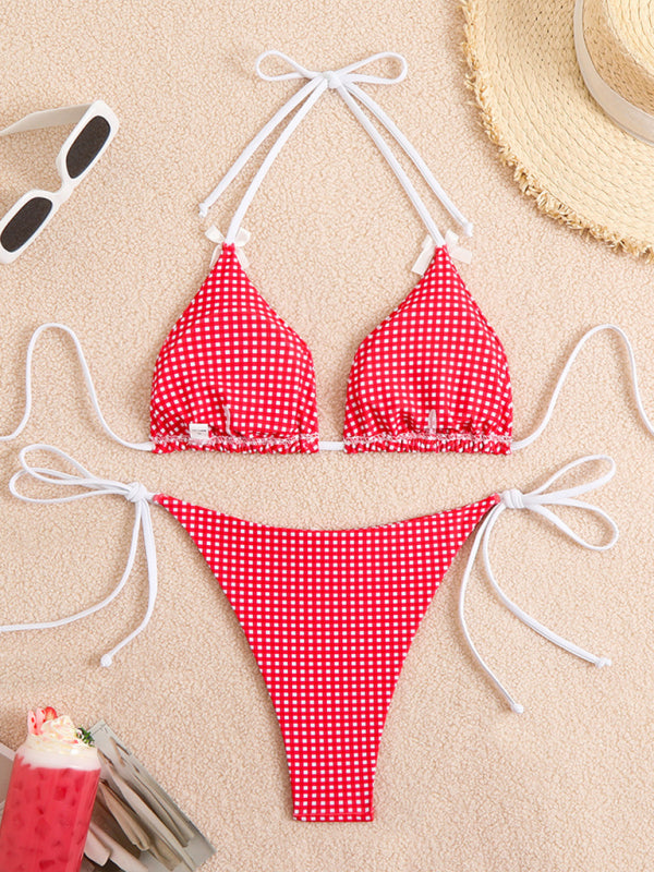 Plaid Lace-Up Bikini – Multi-Color Two-Piece Set with Adjustable Fit