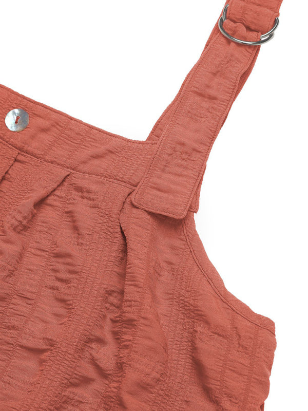 Brick Red Pleated Suspender Dress - Textured Woven Fabric, Sling Straps