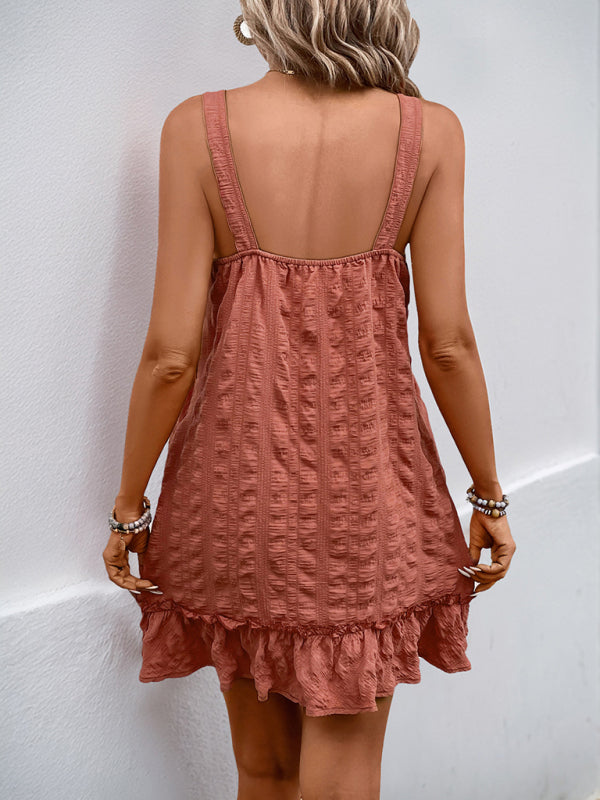 Brick Red Pleated Suspender Dress - Textured Woven Fabric, Sling Straps