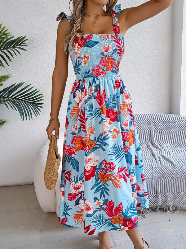 Tropical Flower Tie-Waist Suspender Maxi Dress – Vacation-Ready Beach Look