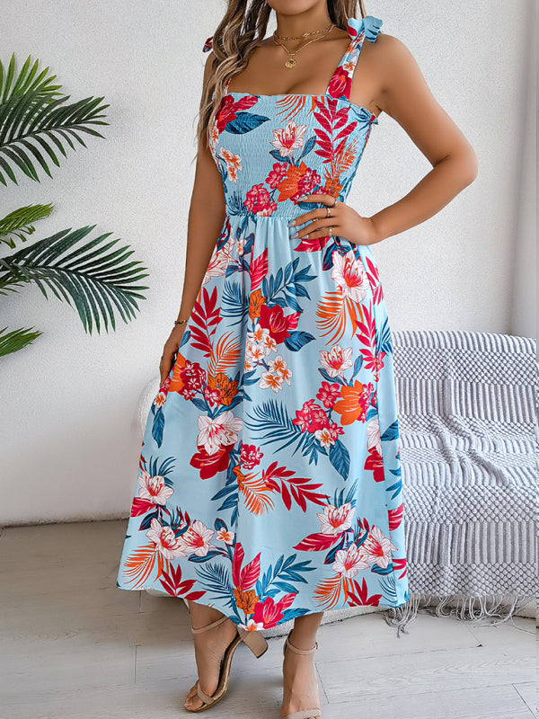 Tropical Flower Tie-Waist Suspender Maxi Dress – Vacation-Ready Beach Look