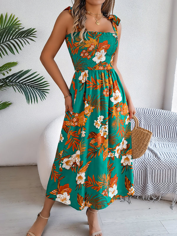 Tropical Flower Tie-Waist Suspender Maxi Dress – Vacation-Ready Beach Look