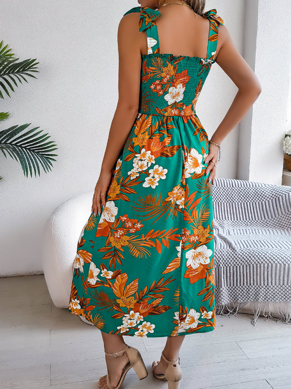 Tropical Flower Tie-Waist Suspender Maxi Dress – Vacation-Ready Beach Look