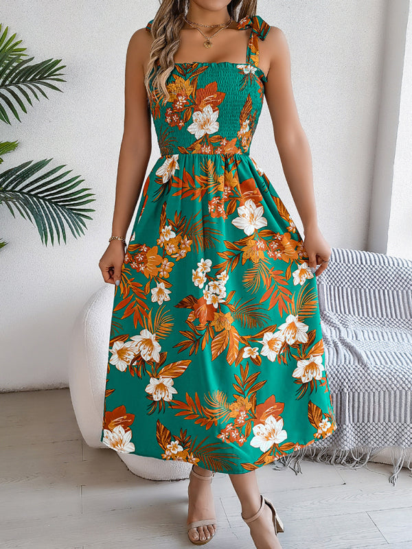 Tropical Flower Tie-Waist Suspender Maxi Dress – Vacation-Ready Beach Look