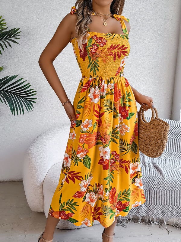 Tropical Flower Tie-Waist Suspender Maxi Dress – Vacation-Ready Beach Look