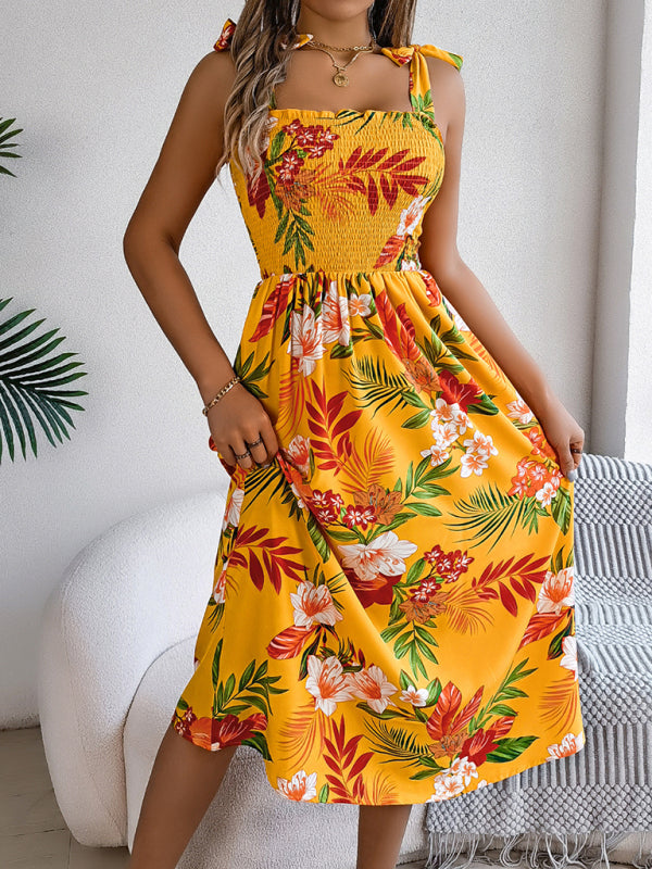 Tropical Flower Tie-Waist Suspender Maxi Dress – Vacation-Ready Beach Look