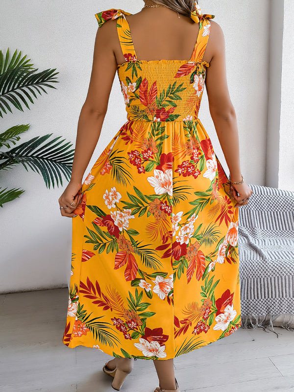 Tropical Flower Tie-Waist Suspender Maxi Dress – Vacation-Ready Beach Look