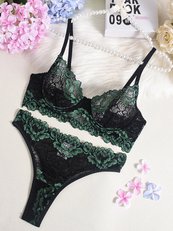 Lace Contrast Color Bra & Panty Set – Sexy Knit Lingerie for All Seasons