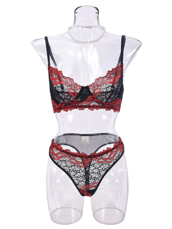 Lace Contrast Color Bra & Panty Set – Sexy Knit Lingerie for All Seasons